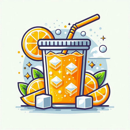 Orange juice in glass with ice cubes and straw. Vector illustration.のイラスト素材