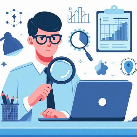 Man working with laptop and magnifying glass. Vector illustration in cartoon styleのイラスト素材