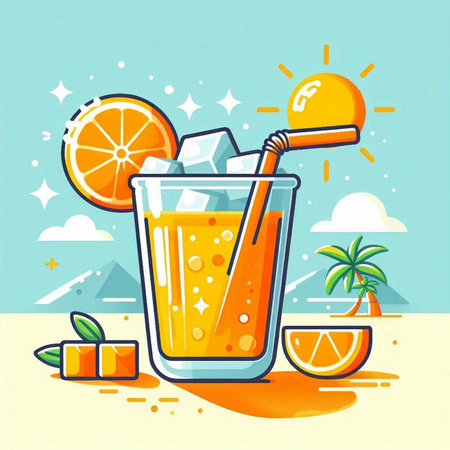 Orange juice with ice cubes on the beach. Summer vector illustration.のイラスト素材