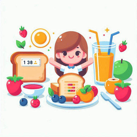 Girl having breakfast. Healthy lifestyle concept. Vector illustration in cartoon style.のイラスト素材