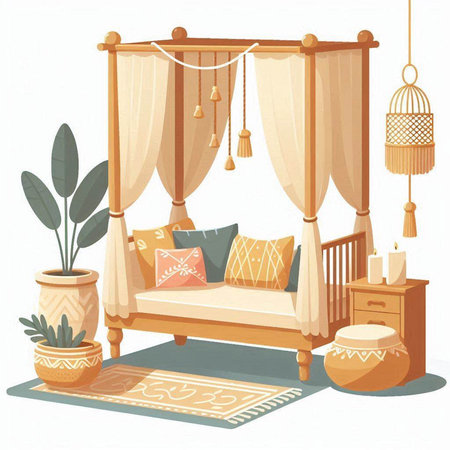 Vector illustration of a cozy bedroom interior with a wooden canopy, a bed, a lamp and a potted plant.のイラスト素材