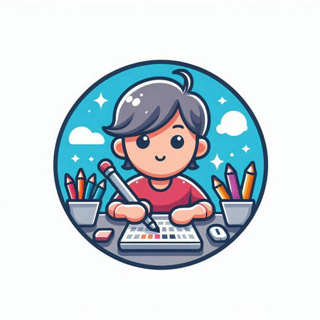Cute little boy using a computer at home. Vector illustration.のイラスト素材