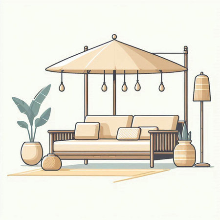 Illustration of a modern living room with a sofa and a beach umbrellaのイラスト素材