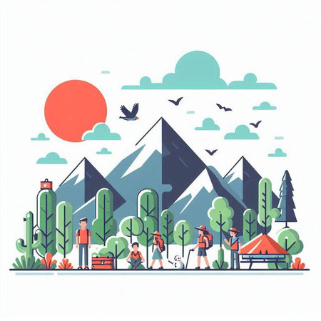 Camping in mountains. Vector illustration in flat design style. Tourists relax in nature.のイラスト素材