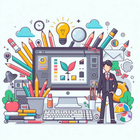 Vector illustration of graphic designer man working on computer in flat design style.のイラスト素材