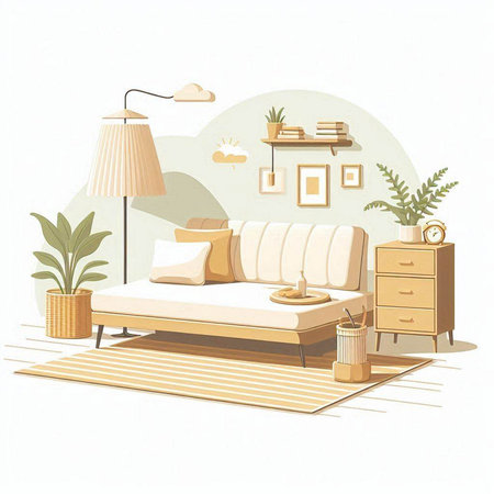 Modern living room with sofa, lamp and plants. Vector illustration.のイラスト素材