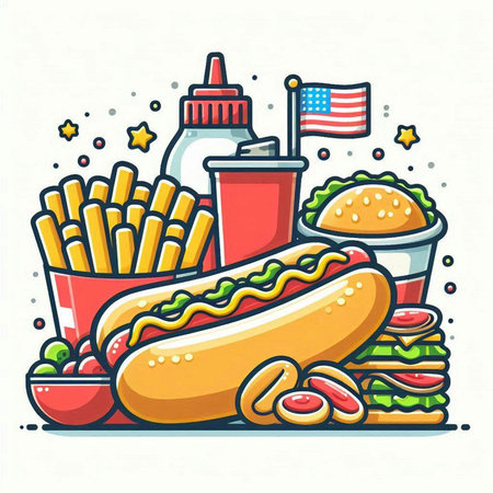 Fast food vector illustration with hot dog, french fries, hamburger, mustard and sauce.のイラスト素材