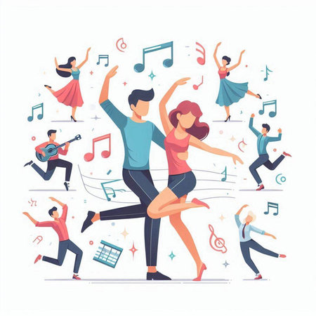 Group of dancing people with musical notes. Flat design vector illustration.のイラスト素材
