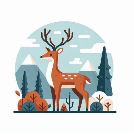 Deer in the forest. Vector illustration in flat design style.のイラスト素材