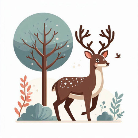 Cute deer in the forest. Vector illustration in flat style.のイラスト素材