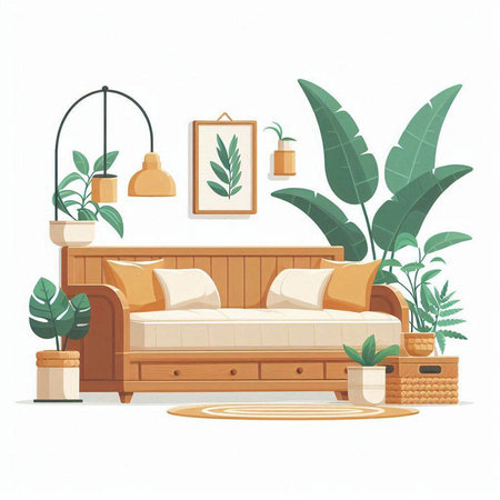 Vector illustration of a living room interior with a sofa, plants, lamps and a plant pot.のイラスト素材