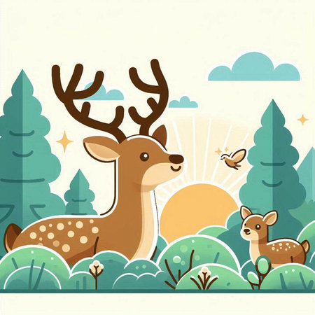 Deer in the forest. Cute cartoon animal. Vector illustration.のイラスト素材