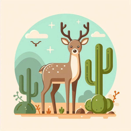 Cute deer in the desert with cactus. Vector illustration.のイラスト素材