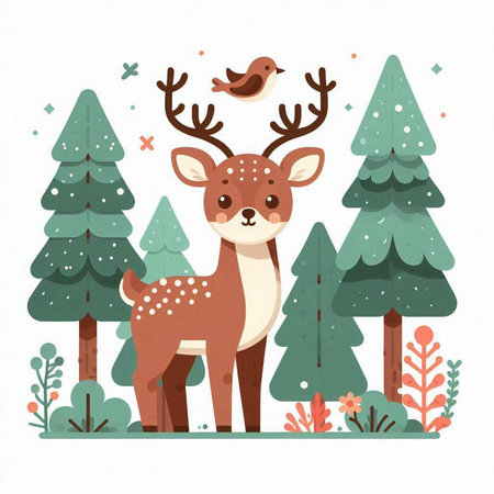 Cute deer in the forest. Vector illustration in flat style.のイラスト素材