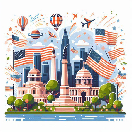 Vector illustration of United states of America with famous landmarks in flat style.のイラスト素材