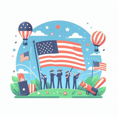 Vector illustration of happy american people with flags, balloons and fireworks.のイラスト素材