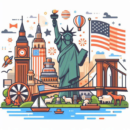 Statue of Liberty and American symbols. Vector illustration in flat styleのイラスト素材