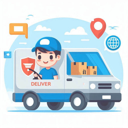 delivery service, delivery man in uniform and cap, vector illustrationのイラスト素材