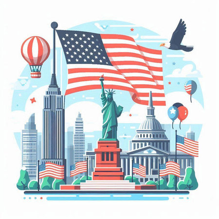 American symbols. Statue of Liberty, balloons, flags. Vector illustrationのイラスト素材