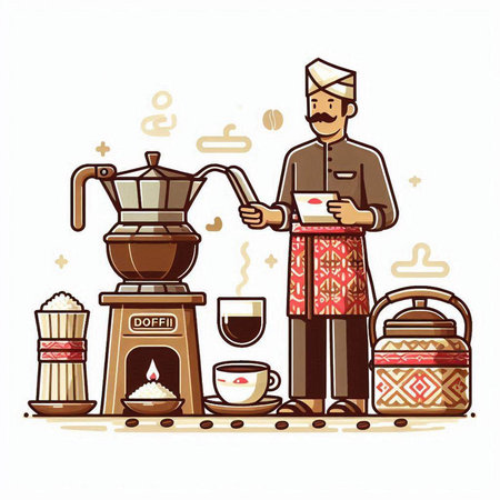 Coffee maker with a cup of coffee. Hand drawn vector illustration.のイラスト素材