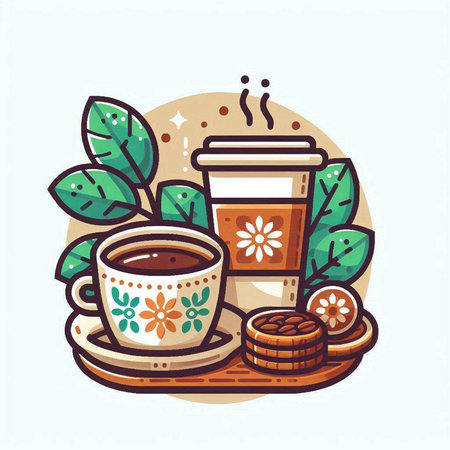 Coffee cup with tea leaves and cookies. Vector illustration.のイラスト素材