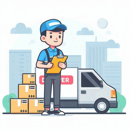 Delivery man with parcel and truck. Vector illustration in cartoon style.のイラスト素材