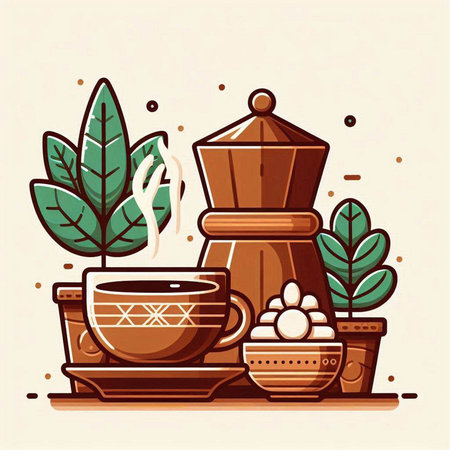 Coffee pot and cup with beans. Vector illustration in flat styleのイラスト素材