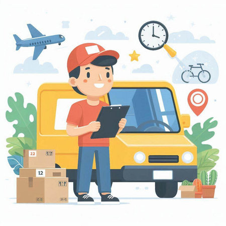 Delivery man with clipboard and truck. Delivery service concept. Vector illustrationのイラスト素材