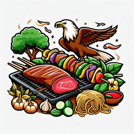 Vector illustration of grilled meat with vegetables and fish on the grill.のイラスト素材