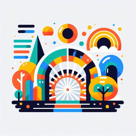 Vector illustration of a city landscape with buildings, trees and rainbow.のイラスト素材