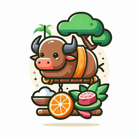 Cute cartoon vector illustration of a cow riding on a swing over a tropical landscape.のイラスト素材