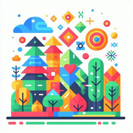 Colorful abstract vector illustration with trees and geometric shapes. Flat style designのイラスト素材