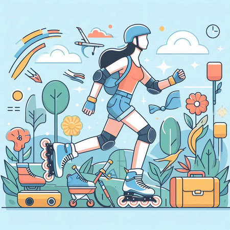 Roller skater in the park. Vector illustration in flat styleのイラスト素材