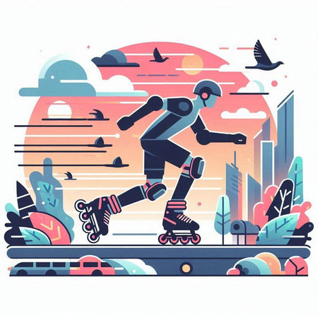 Roller skating on the road. Vector illustration in flat style.のイラスト素材