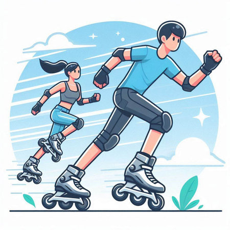 Man and woman on roller skates. Vector illustration in cartoon style.のイラスト素材