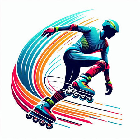 Roller skater in action vector illustration. Colorful abstract backgroundのイラスト素材