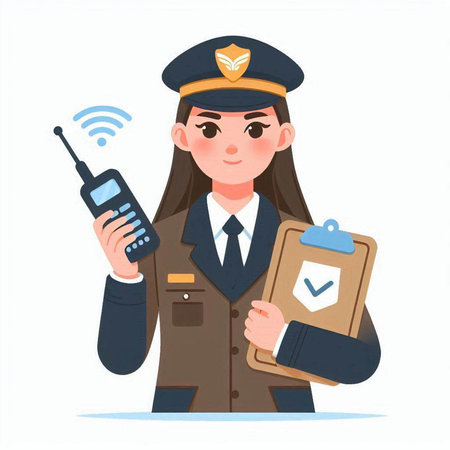 Policewoman with checklist and walkie talkie. Vector illustration.のイラスト素材