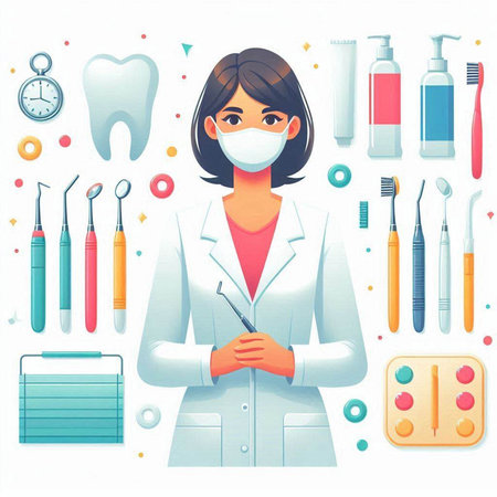 Dentist woman in white coat with stomatology tools. Vector illustrationのイラスト素材