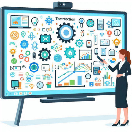 Vector illustration of a businesswoman with a tablet pc computer and a big screen with business icons.のイラスト素材