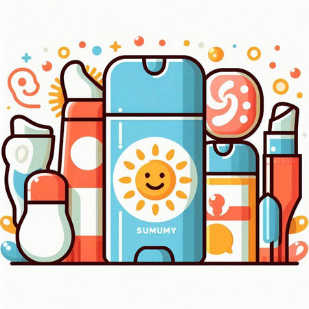 Sunscreen, sunblock, lotion, cream and other cosmetics. Vector illustration.のイラスト素材