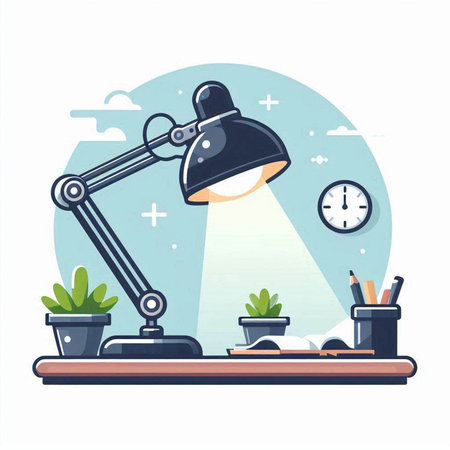 Laptop and lamp in flat style. Workplace. Vector illustrationのイラスト素材