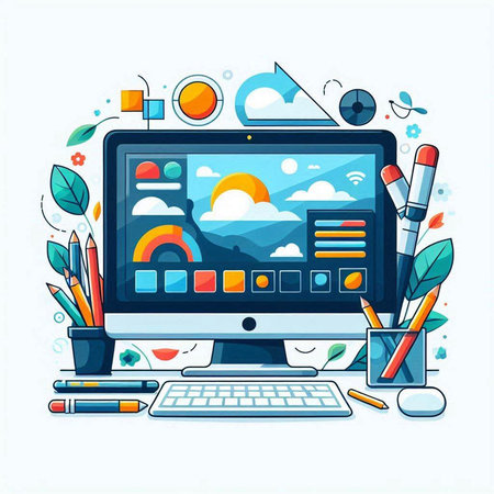 Vector illustration of modern graphic designer workplace with computer monitor, color pencils, stationery and plants on white backgroundのイラスト素材