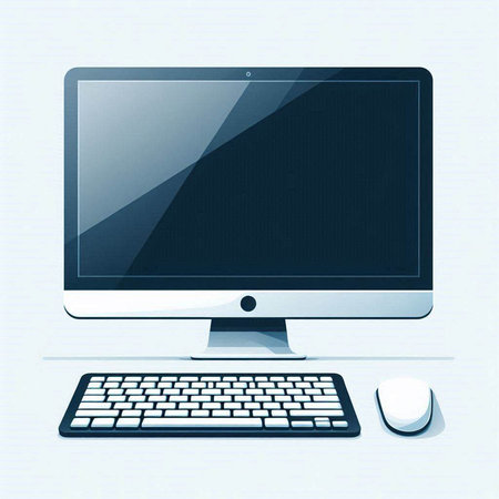 Computer monitor with keyboard and mouse on white background. Vector illustration.のイラスト素材