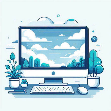 Vector illustration of a modern flat design of a desktop with a computer and a plant.のイラスト素材