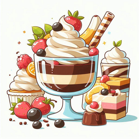 Chocolate ice cream with whipped cream and fruits. Vector illustration.のイラスト素材