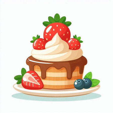Cake with cream and berries. Vector illustration in cartoon style.のイラスト素材