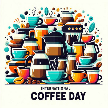 International Coffee Day banner design with coffee cups and coffee beans. Vector illustrationのイラスト素材