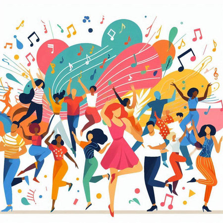 Dancing people. Group of happy young people dancing and having fun. Flat vector illustration.のイラスト素材