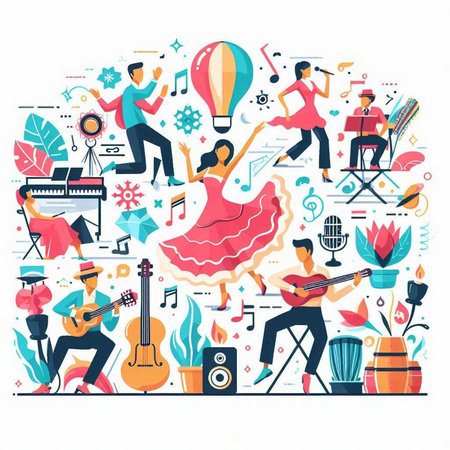 Vector illustration of flat line art composition with musical instruments and people.のイラスト素材
