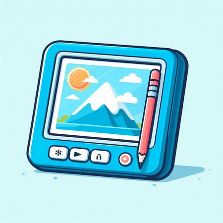 Illustration of a digital tablet with a picture of mountains and a pencilのイラスト素材